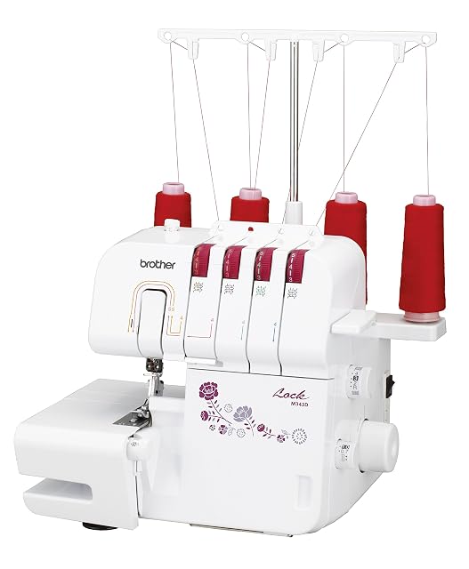 Brother M343D overlocker, front three-quarter view