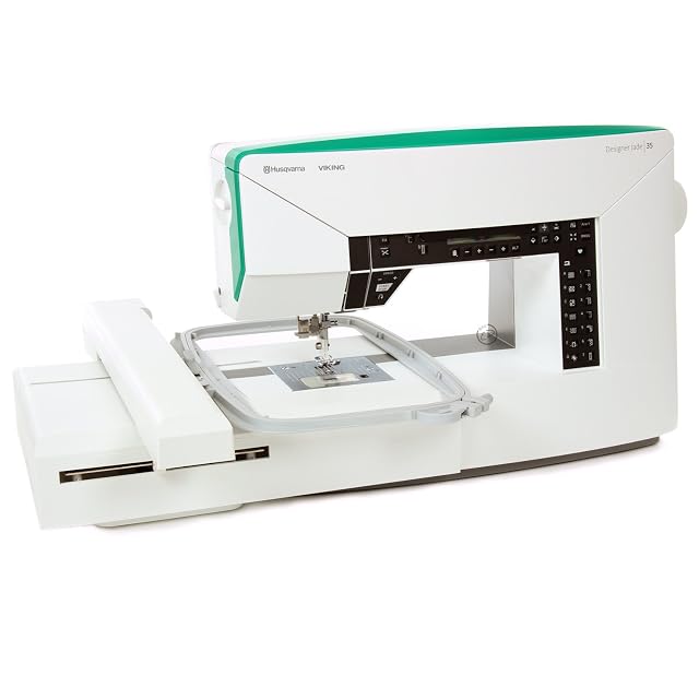Husqvarna Viking Designer Jade 35 sewing and embroidery machine with embroidery module, front three-quarter view